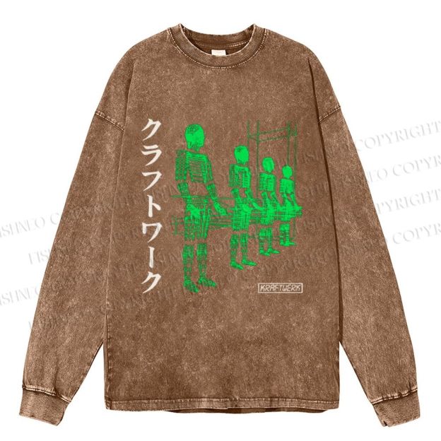 Unisex Casual Washed Kraftwerk Band Japanese Style Printed Long Sleeve T-shirt