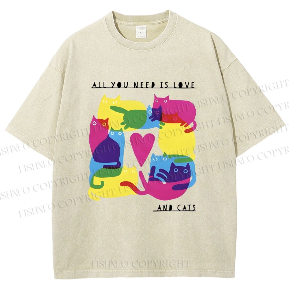 Unisex All You Need Is Love And Cats Printed Washed Tee