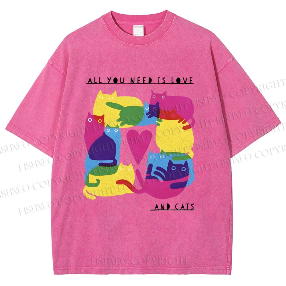 Unisex All You Need Is Love And Cats Printed Washed Tee