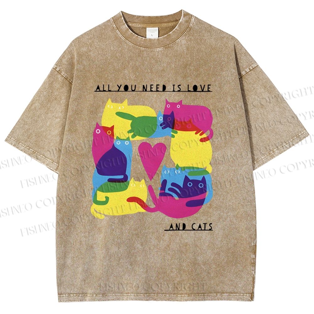 Unisex All You Need Is Love And Cats Printed Washed Tee