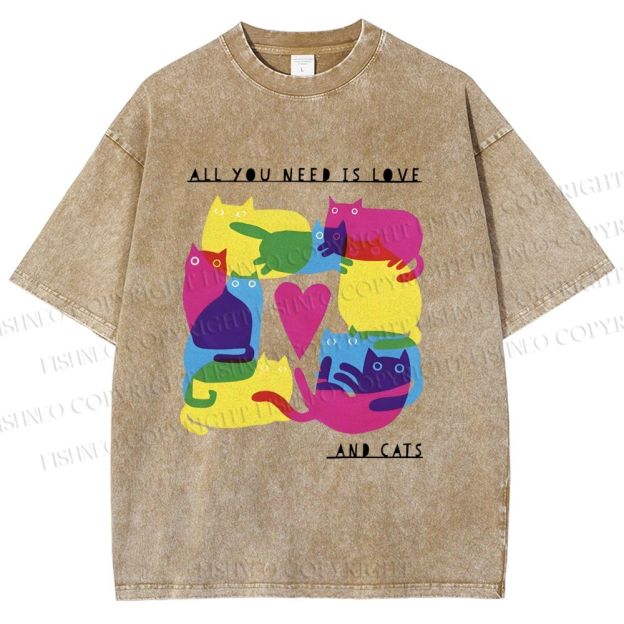 Unisex All You Need Is Love And Cats Printed Washed Tee