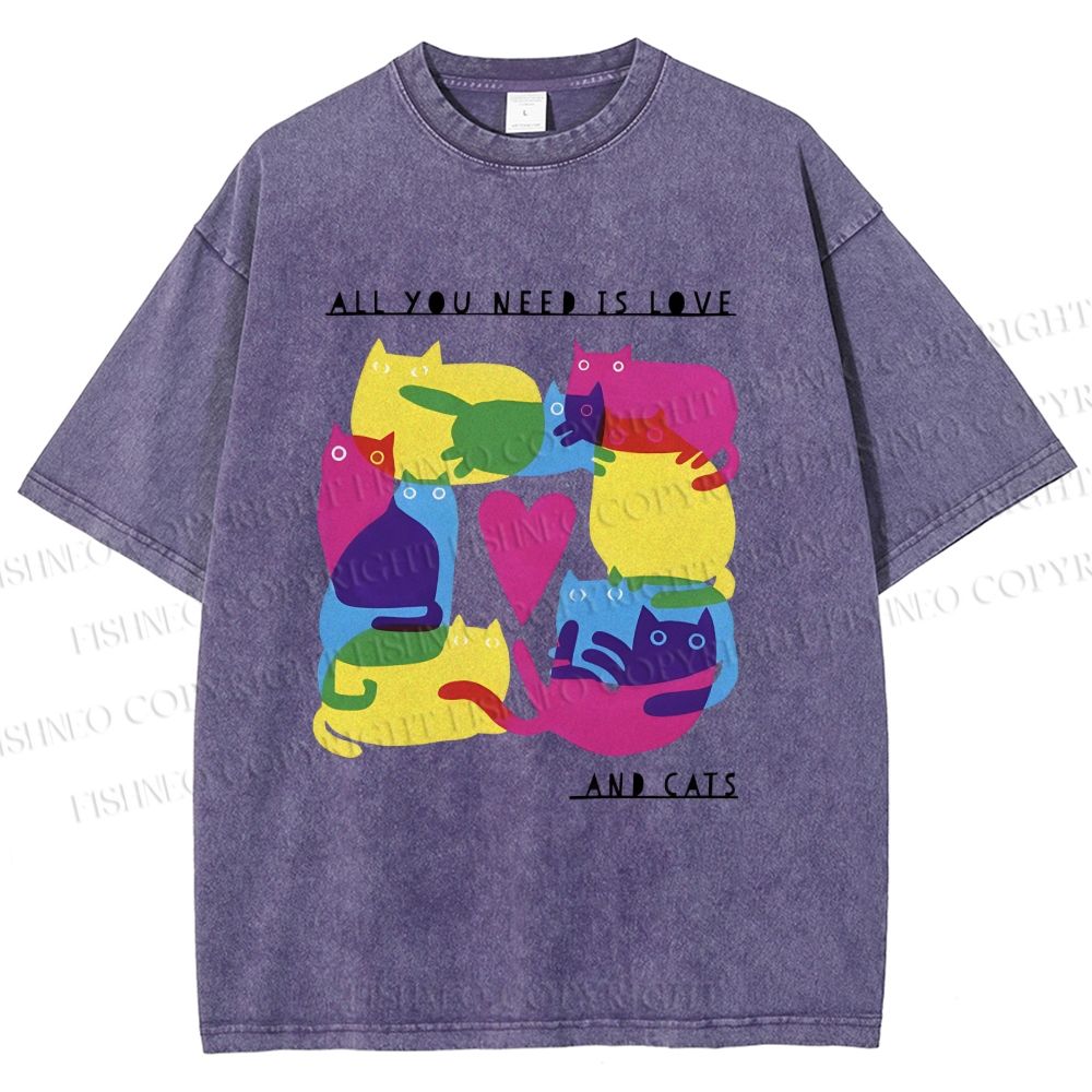 Unisex All You Need Is Love And Cats Printed Washed Tee