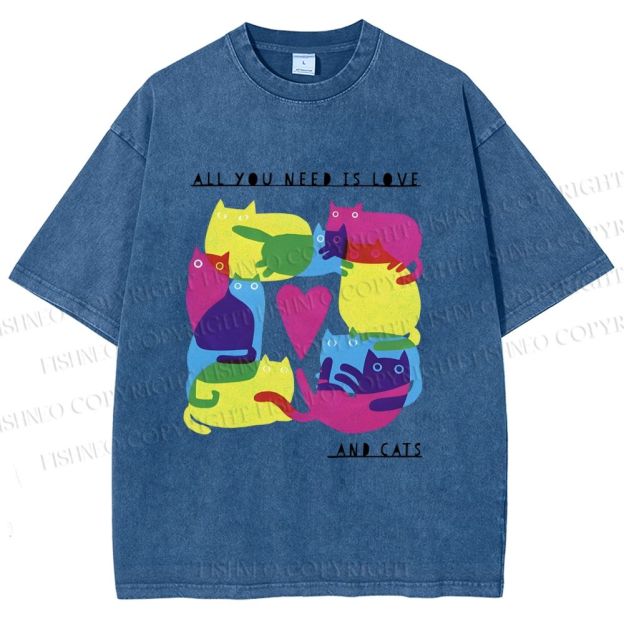 Unisex All You Need Is Love And Cats Printed Washed Tee
