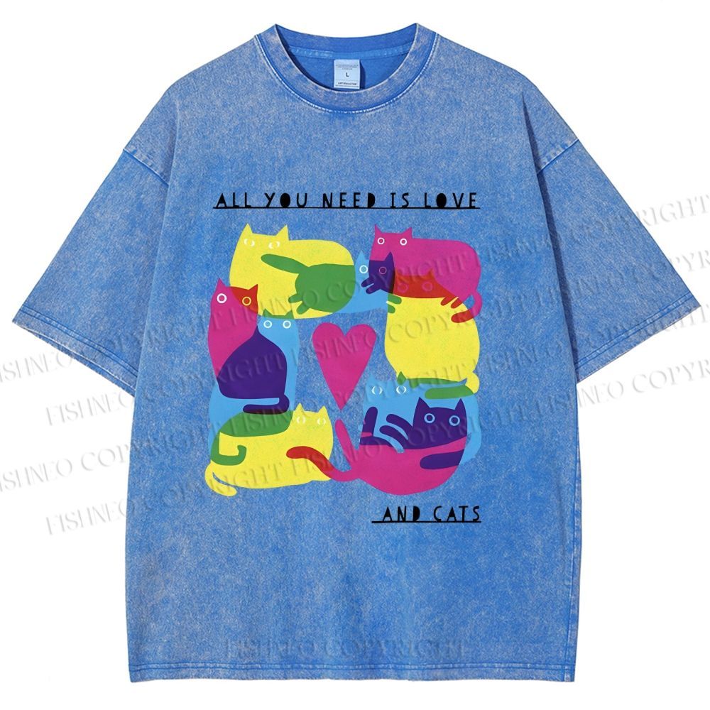 Unisex All You Need Is Love And Cats Printed Washed Tee