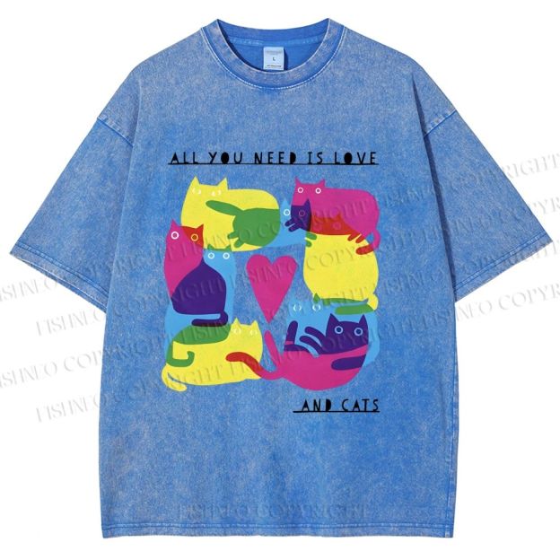 Unisex All You Need Is Love And Cats Printed Washed Tee
