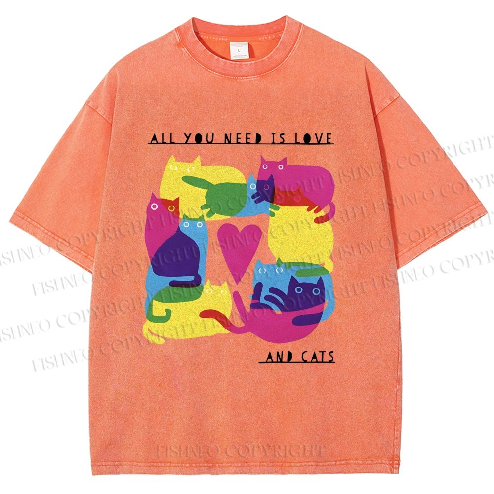Unisex All You Need Is Love And Cats Printed Washed Tee