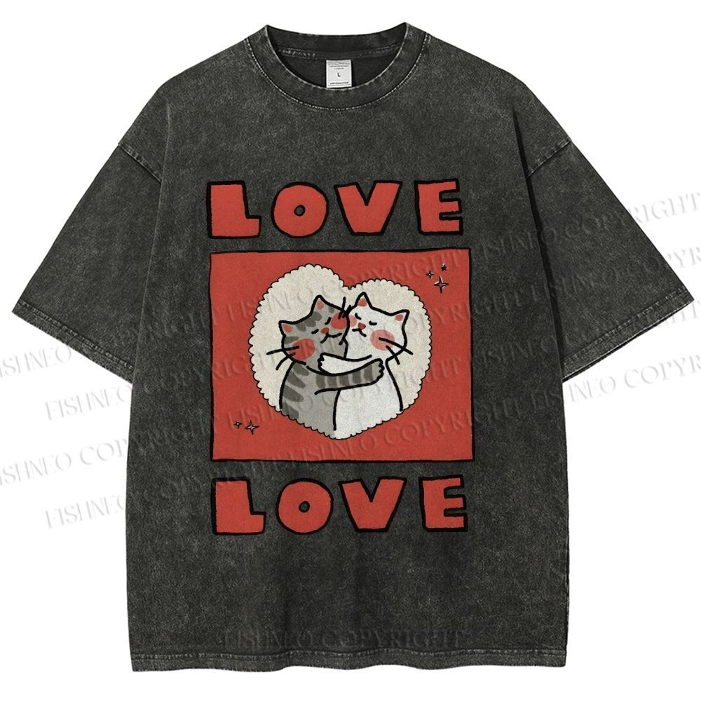Unisex Love Cat Printed Washed Tee