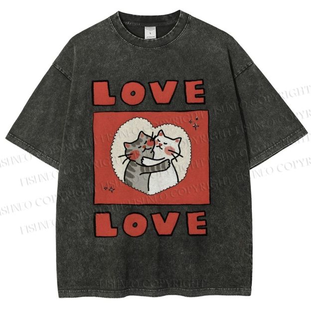 Unisex Love Cat Printed Washed Tee