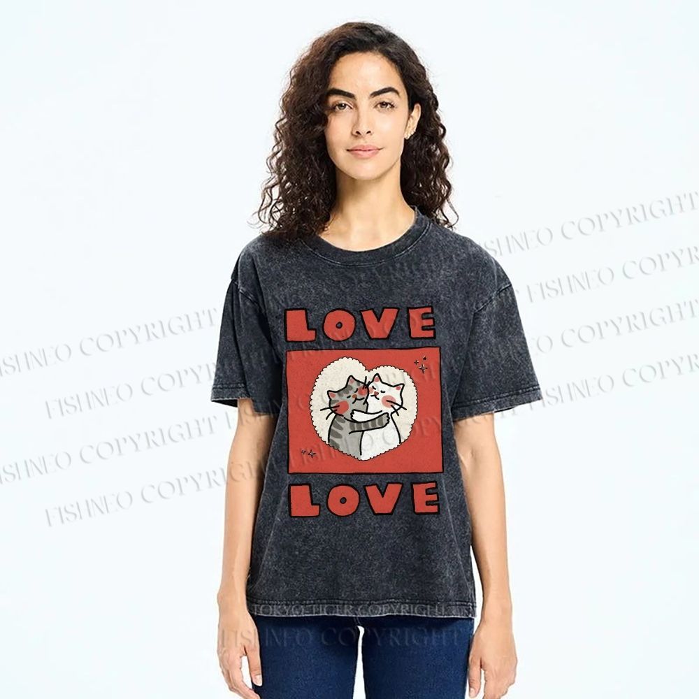 Unisex Love Cat Printed Washed Tee