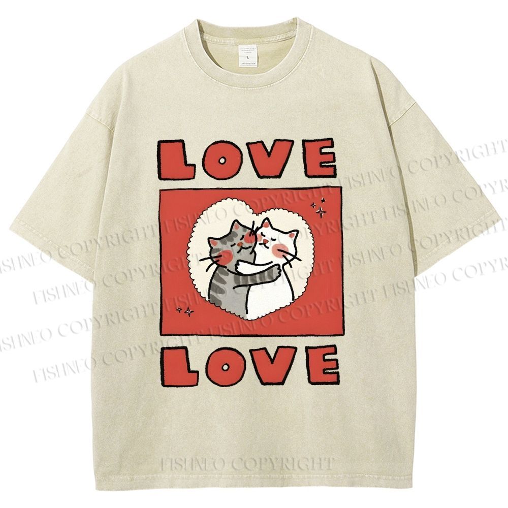 Unisex Love Cat Printed Washed Tee