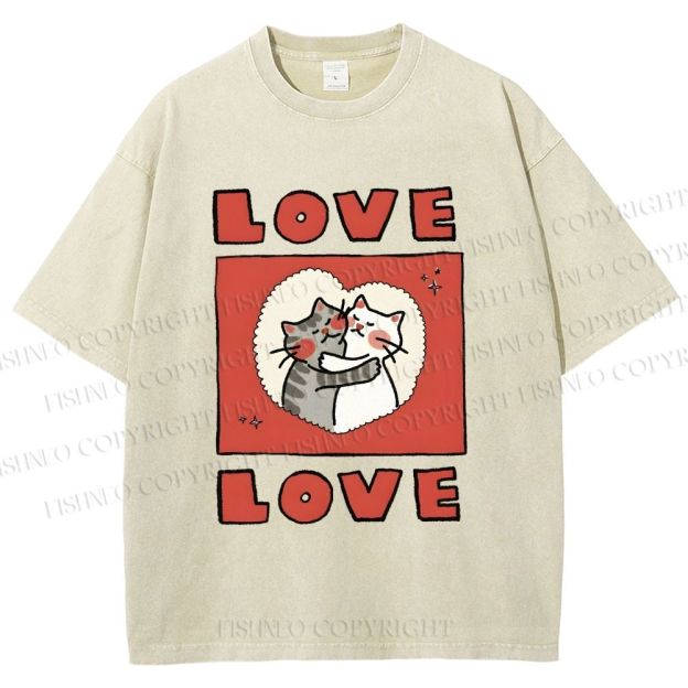 Unisex Love Cat Printed Washed Tee