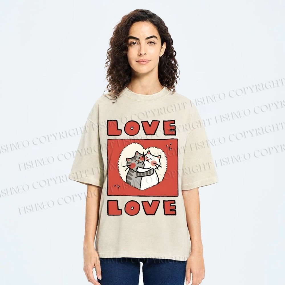 Unisex Love Cat Printed Washed Tee