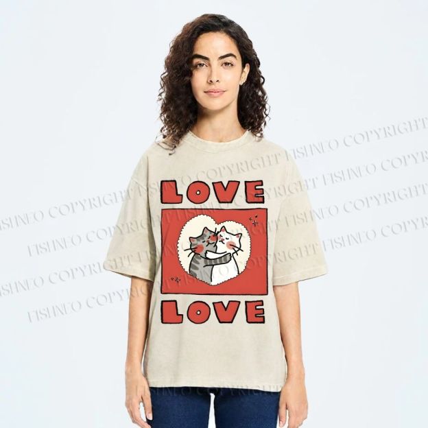 Unisex Love Cat Printed Washed Tee