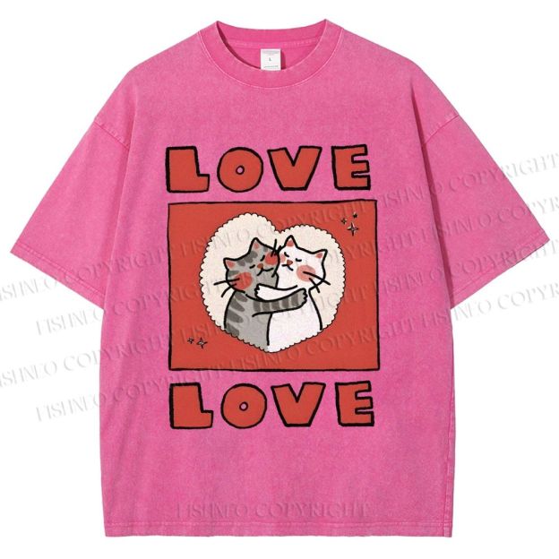 Unisex Love Cat Printed Washed Tee