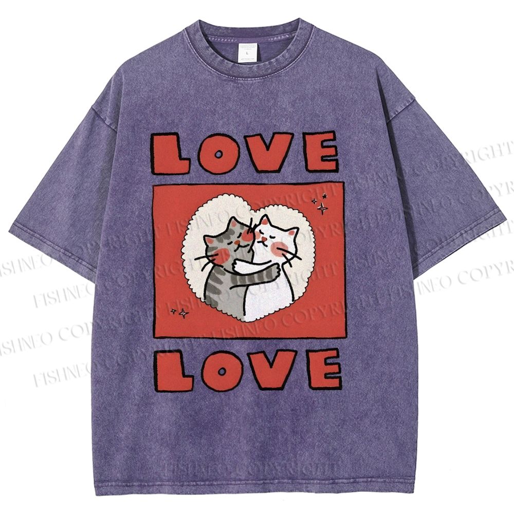 Unisex Love Cat Printed Washed Tee