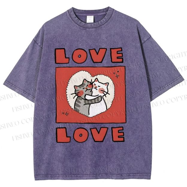 Unisex Love Cat Printed Washed Tee