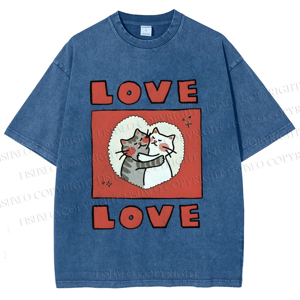 Unisex Love Cat Printed Washed Tee
