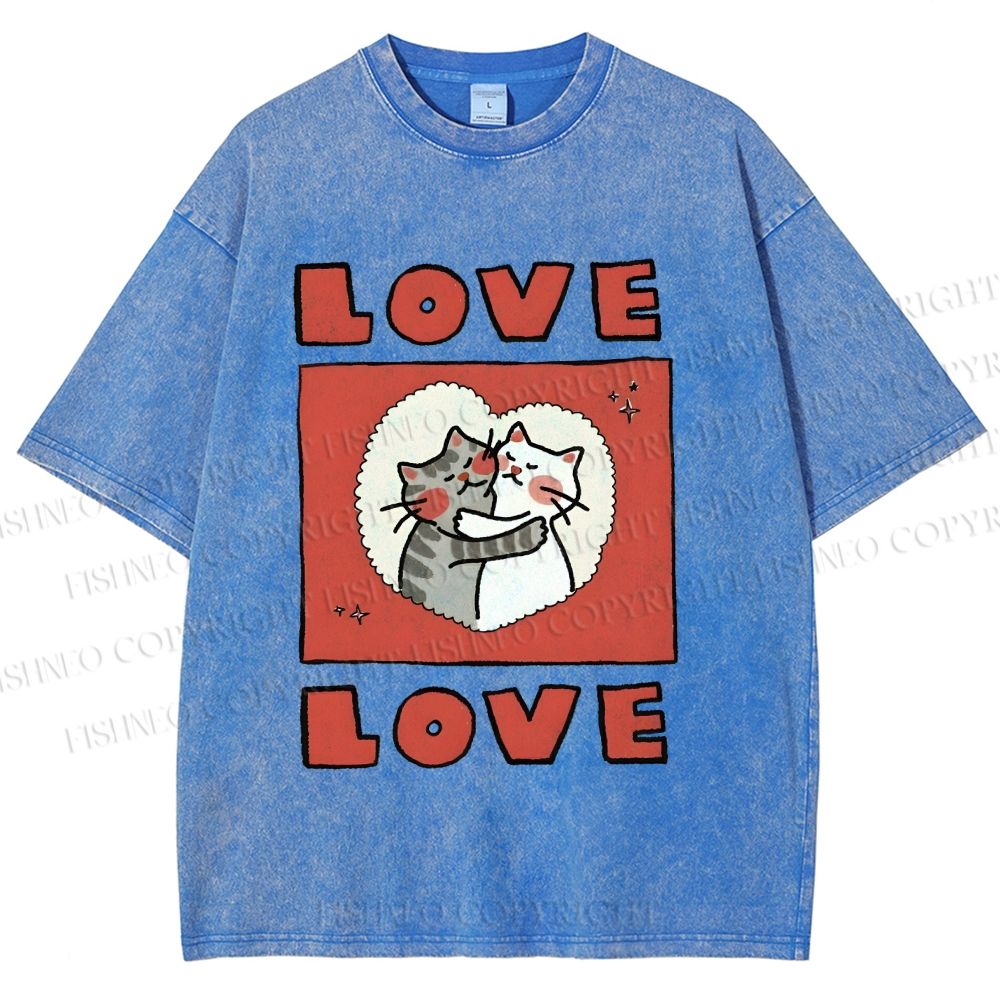 Unisex Love Cat Printed Washed Tee