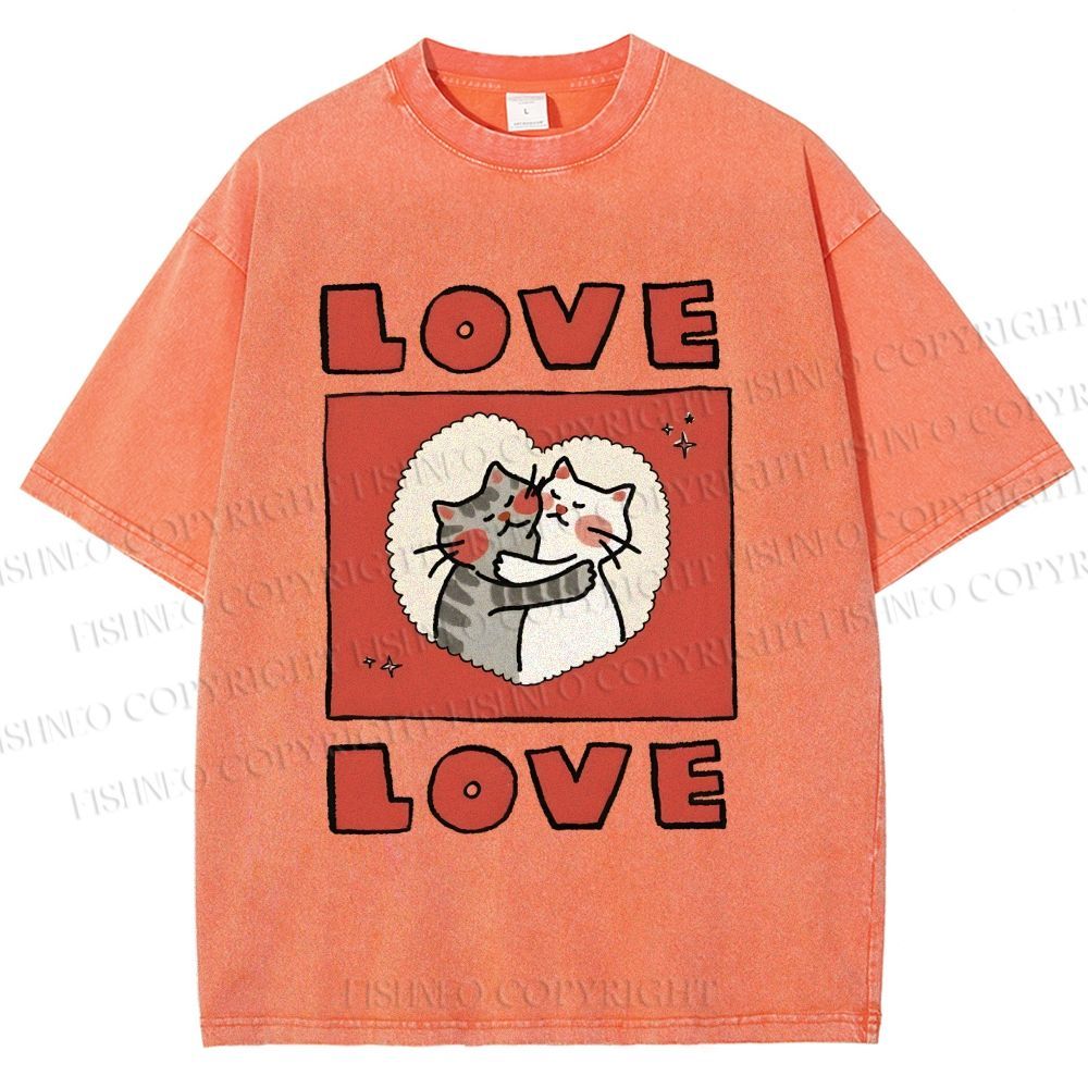 Unisex Love Cat Printed Washed Tee
