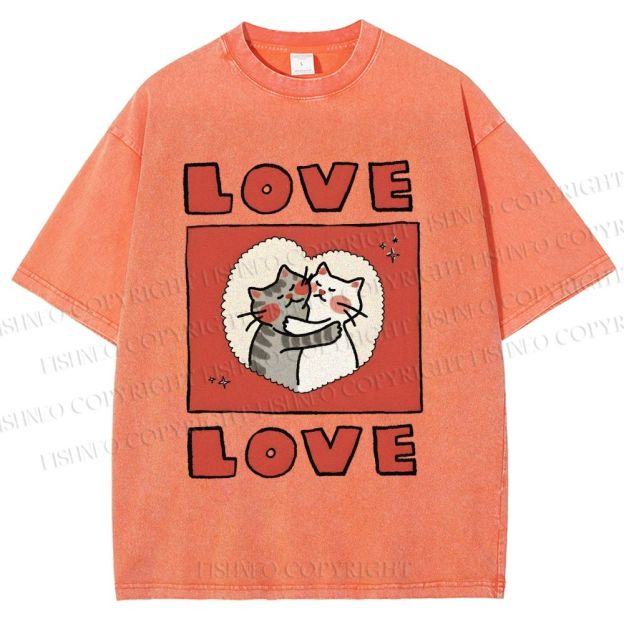 Unisex Love Cat Printed Washed Tee