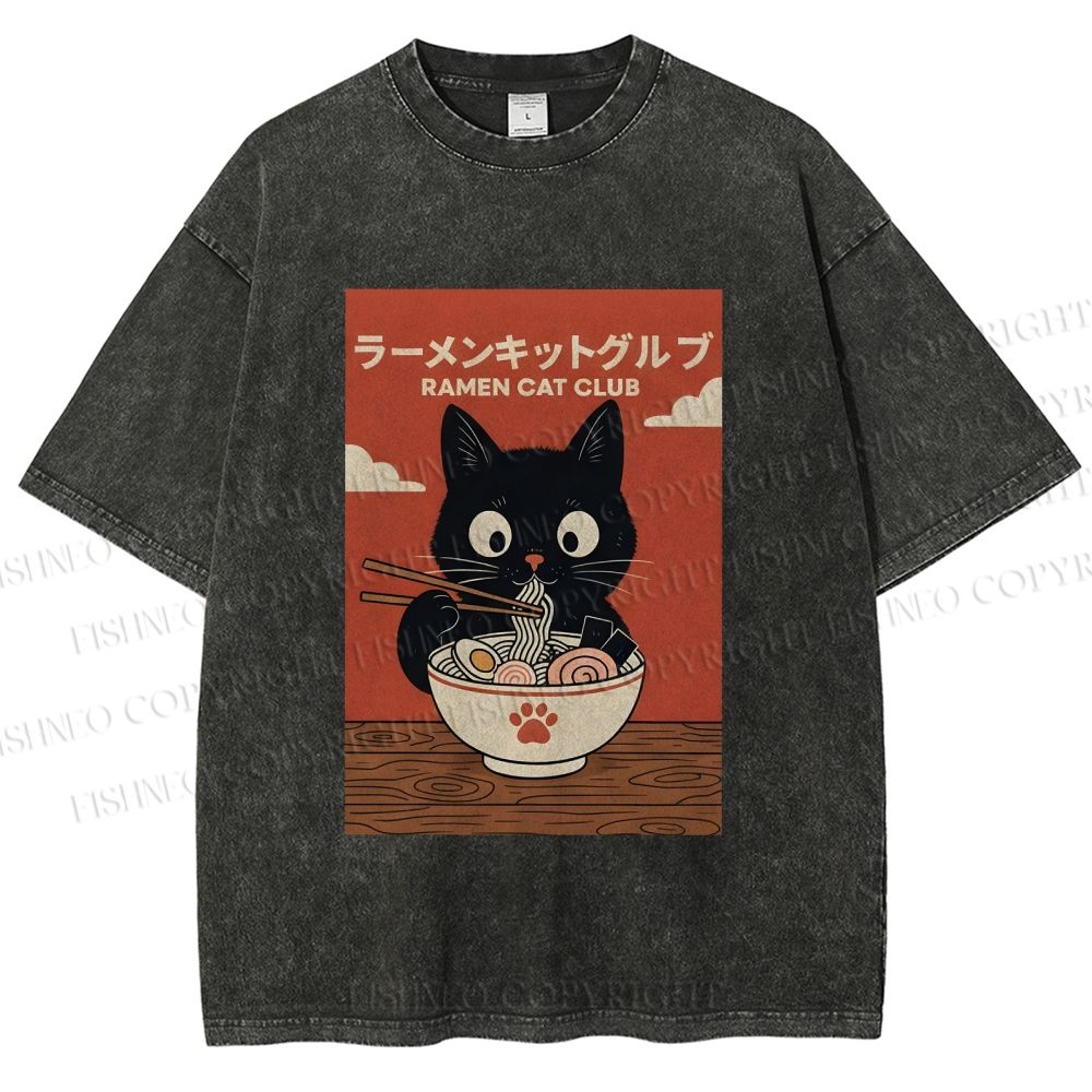 Unisex Ramen Cat Club Printed Washed Tee