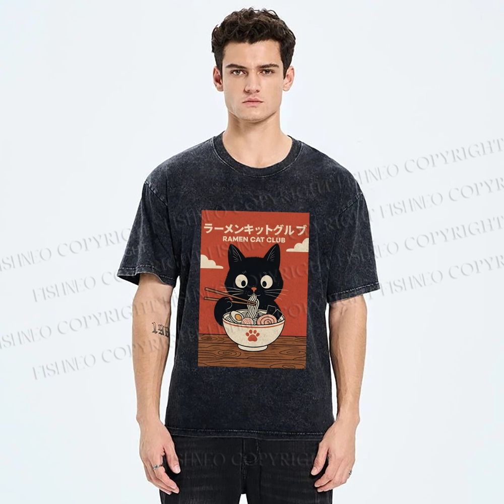 Unisex Ramen Cat Club Printed Washed Tee