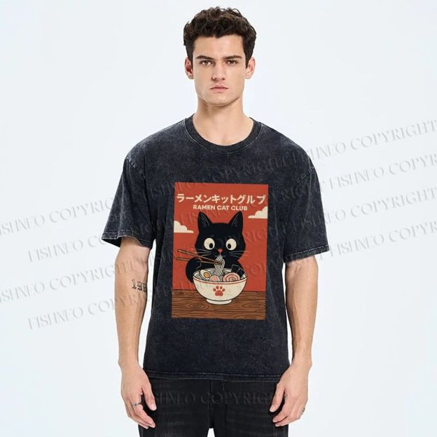 Unisex Ramen Cat Club Printed Washed Tee