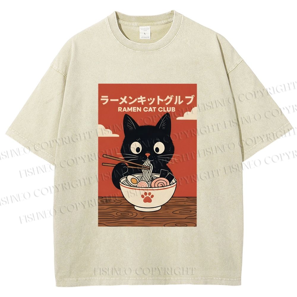 Unisex Ramen Cat Club Printed Washed Tee