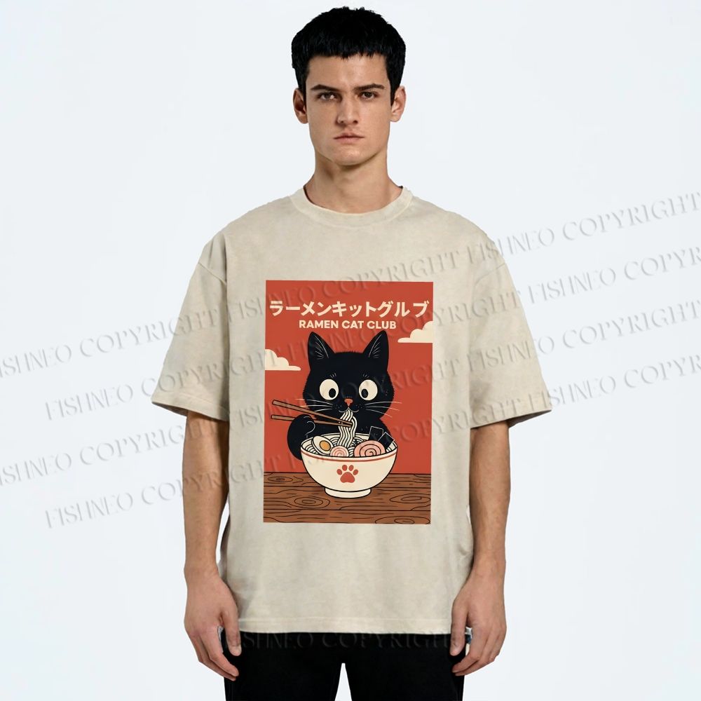 Unisex Ramen Cat Club Printed Washed Tee
