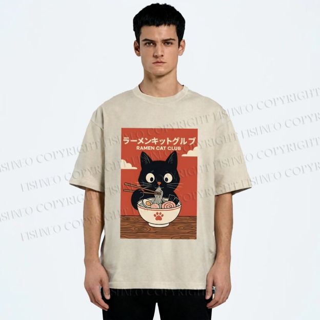 Unisex Ramen Cat Club Printed Washed Tee