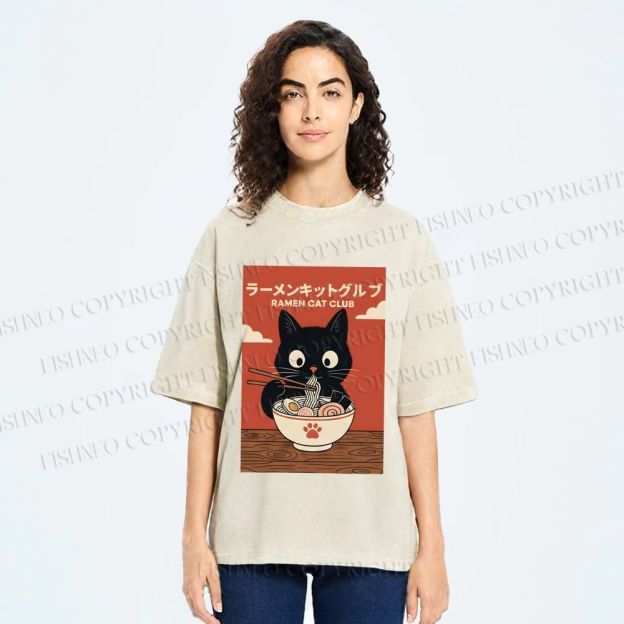 Unisex Ramen Cat Club Printed Washed Tee