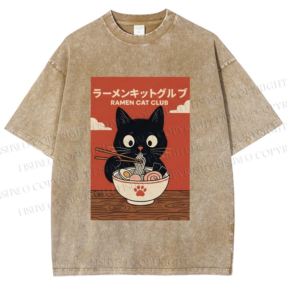 Unisex Ramen Cat Club Printed Washed Tee