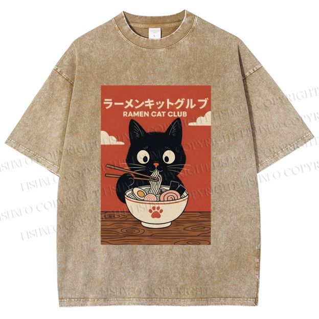 Unisex Ramen Cat Club Printed Washed Tee