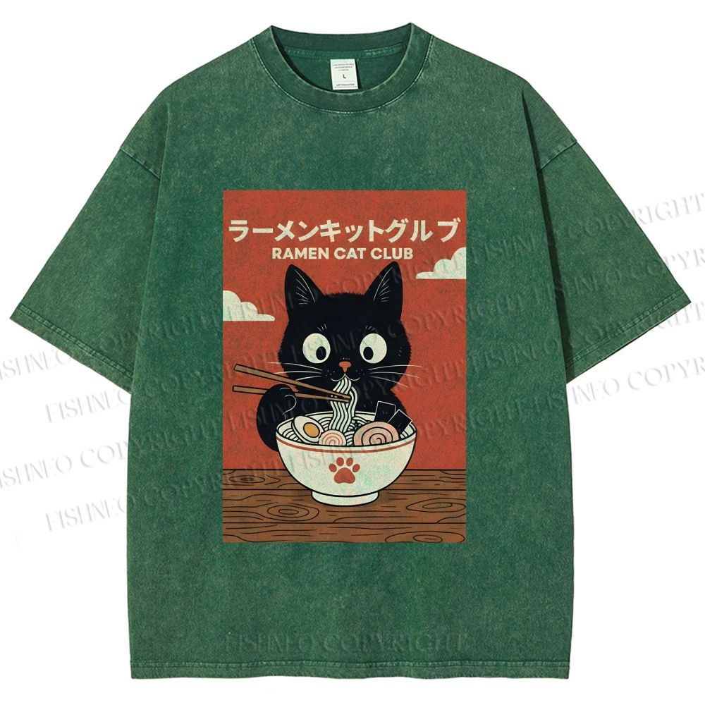 Unisex Ramen Cat Club Printed Washed Tee