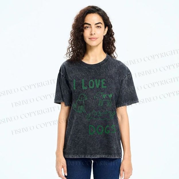 Unisex I Love Dogs Printed Washed Tee