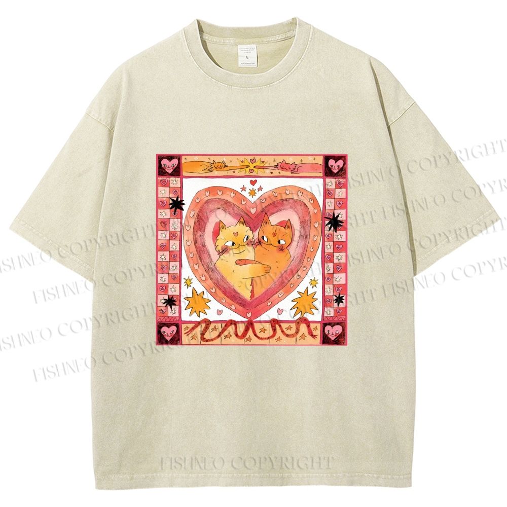 Unisex Cats Falling in Love Printed Washed Tee