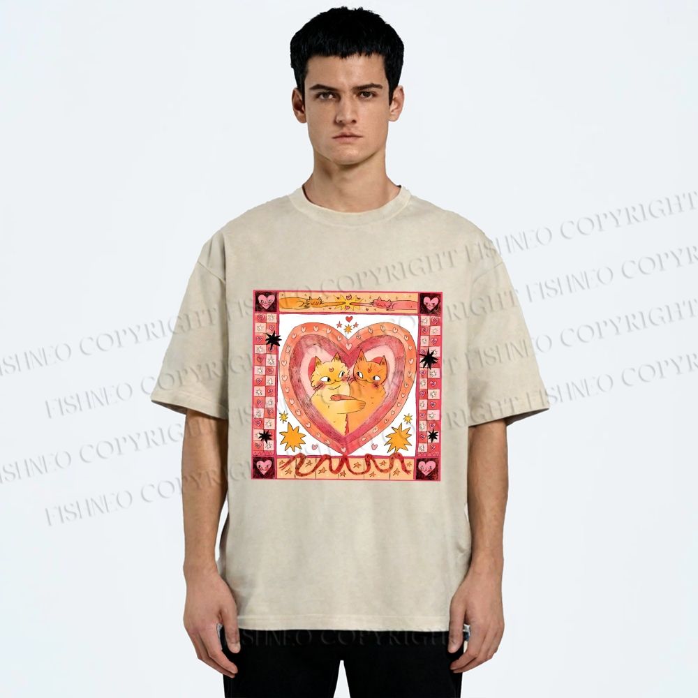 Unisex Cats Falling in Love Printed Washed Tee