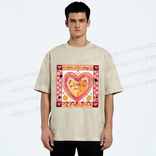 Unisex Cats Falling in Love Printed Washed Tee