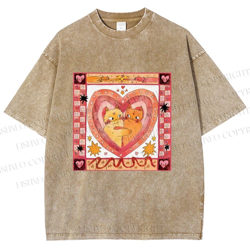 Unisex Cats Falling in Love Printed Washed Tee