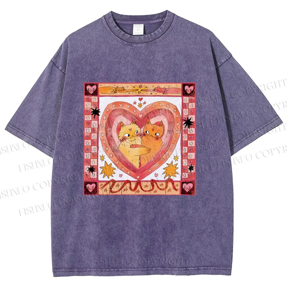 Unisex Cats Falling in Love Printed Washed Tee
