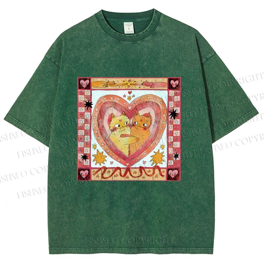 Unisex Cats Falling in Love Printed Washed Tee