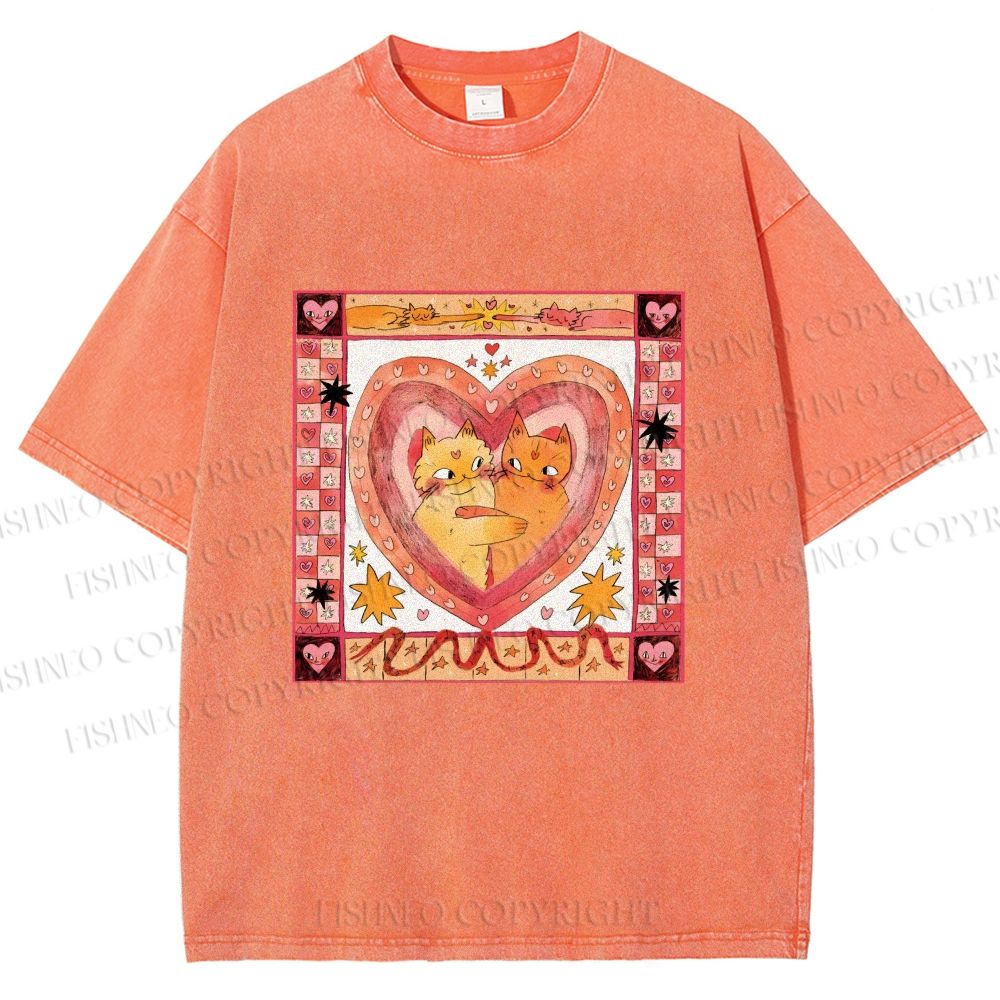 Unisex Cats Falling in Love Printed Washed Tee