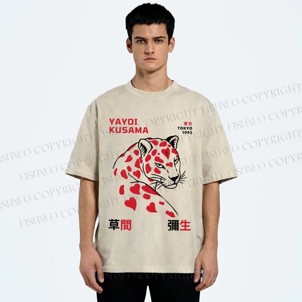 Unisex Yayoi Kusama Panther With Hearts Printed Washed Tee