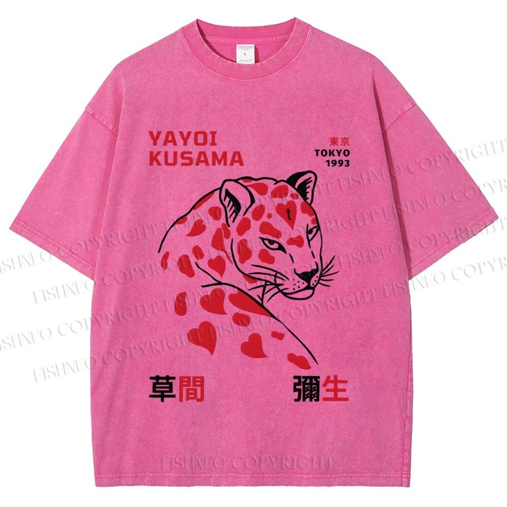 Unisex Yayoi Kusama Panther With Hearts Printed Washed Tee