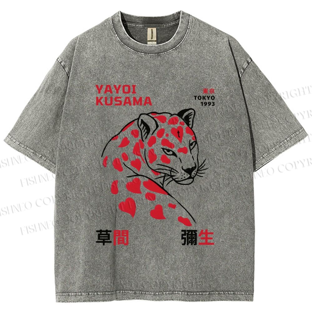 Unisex Yayoi Kusama Panther With Hearts Printed Washed Tee