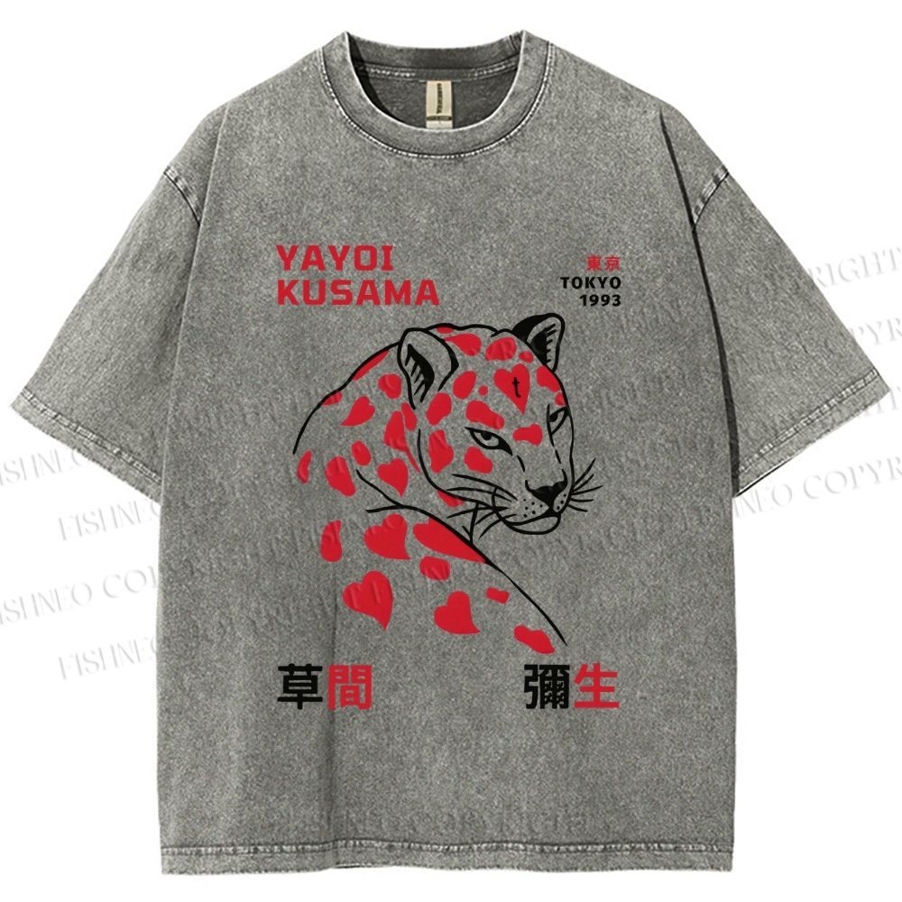 Unisex Yayoi Kusama Panther With Hearts Printed Washed Tee