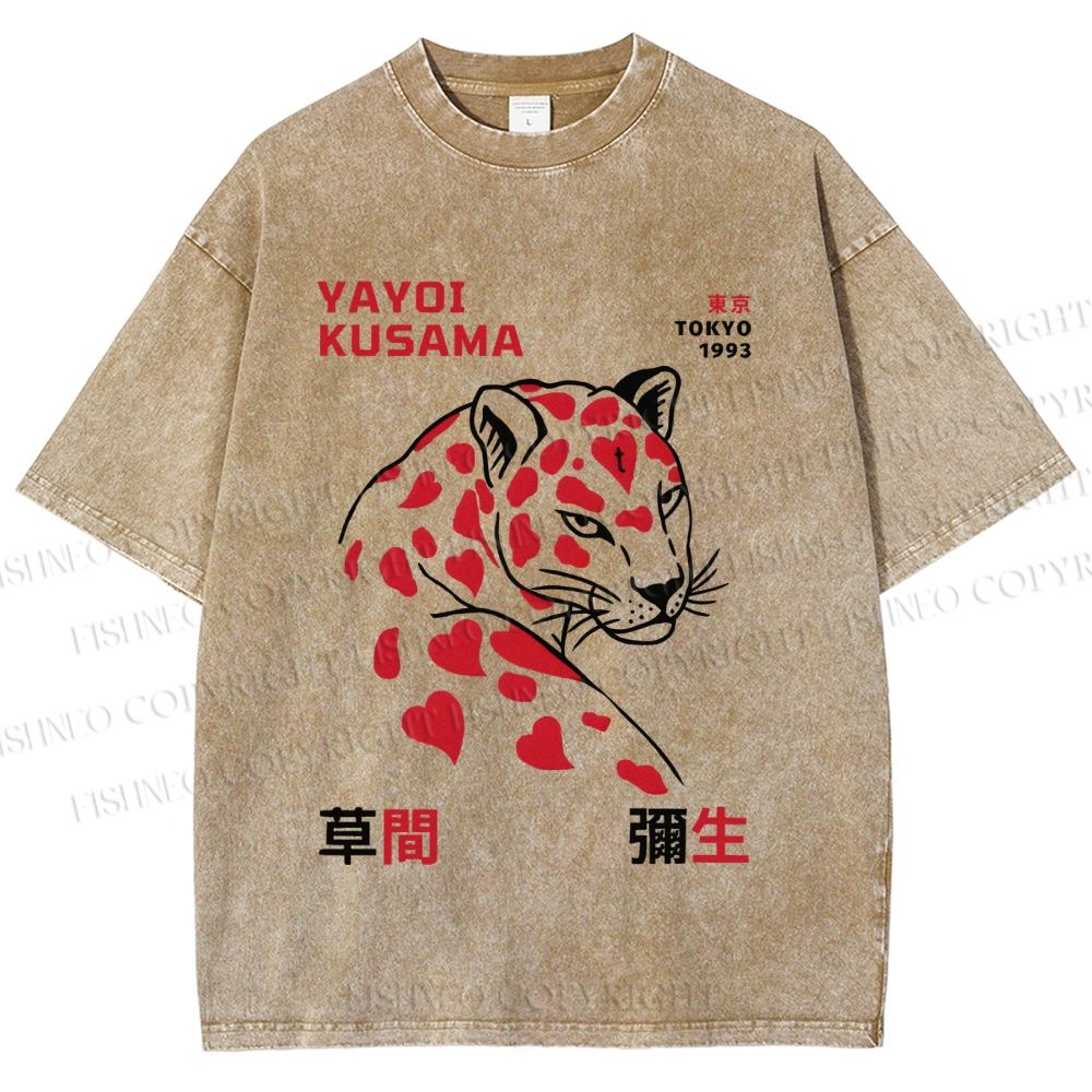 Unisex Yayoi Kusama Panther With Hearts Printed Washed Tee