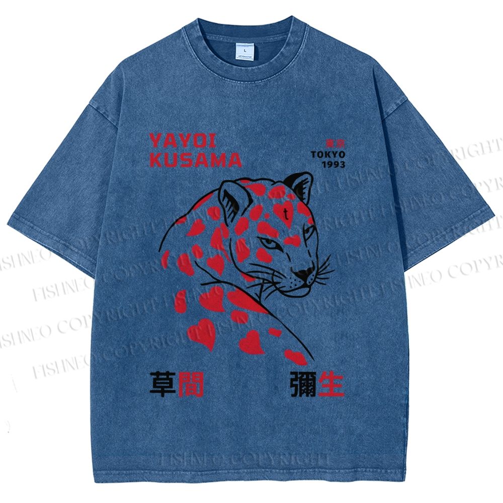 Unisex Yayoi Kusama Panther With Hearts Printed Washed Tee