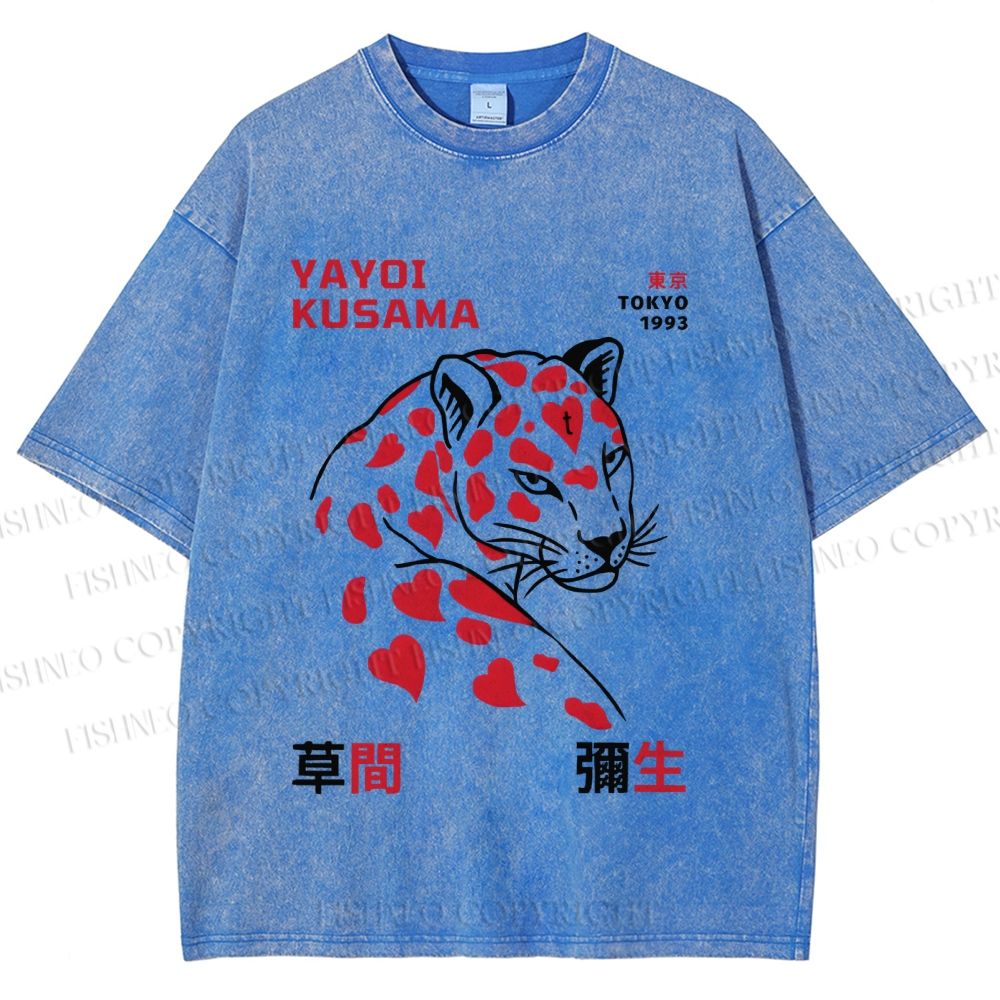 Unisex Yayoi Kusama Panther With Hearts Printed Washed Tee