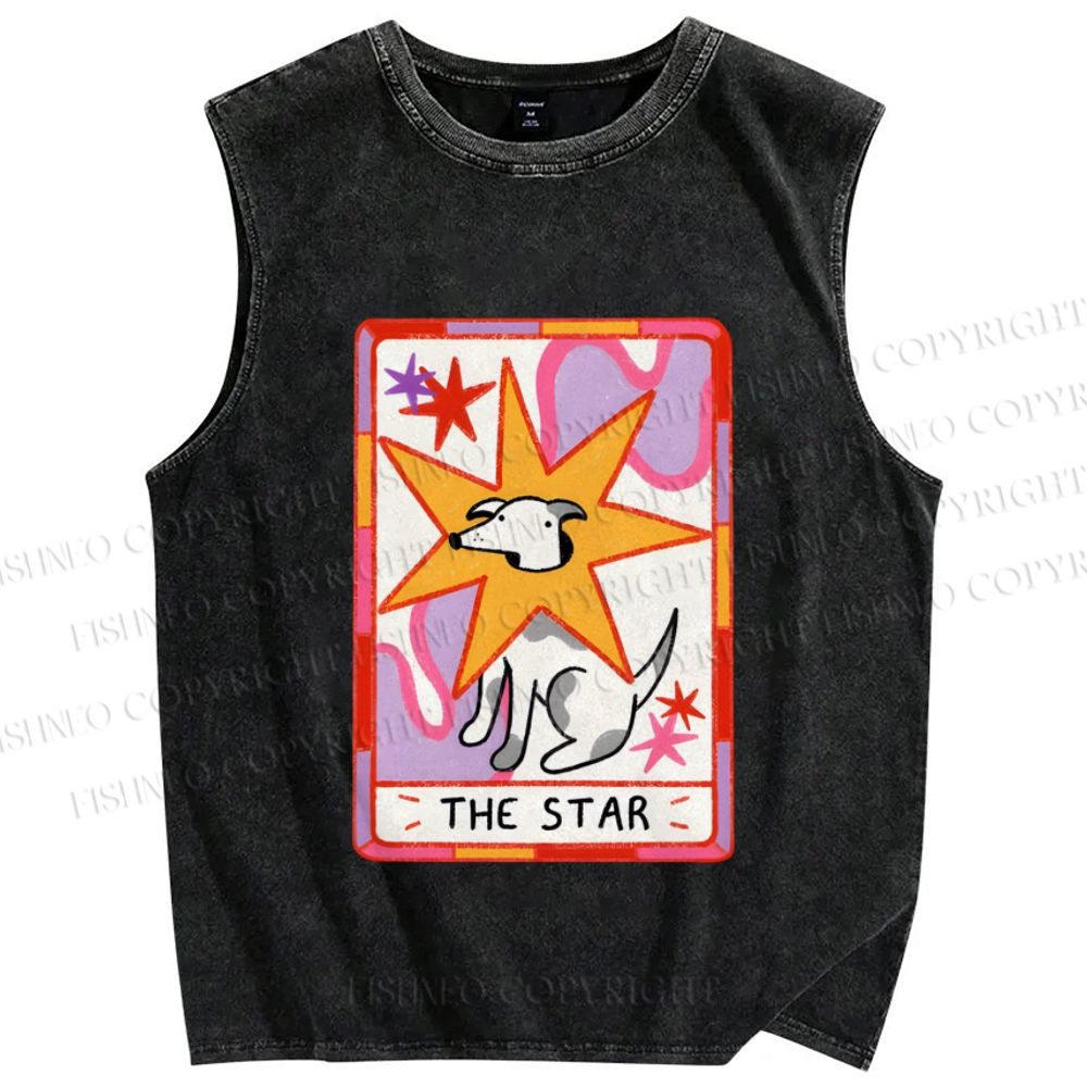 Unisex the Star Dog in Card Printed Washed Tank Top